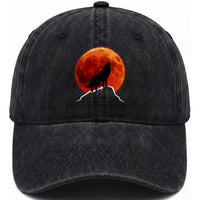 Howling Wolf Crimson Blood Moon Washed Cotton Baseball Cap Mountain Wildlife Nature Graphic