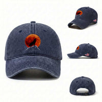 Howling Wolf Crimson Blood Moon Washed Cotton Baseball Cap Mountain Wildlife Nature Graphic