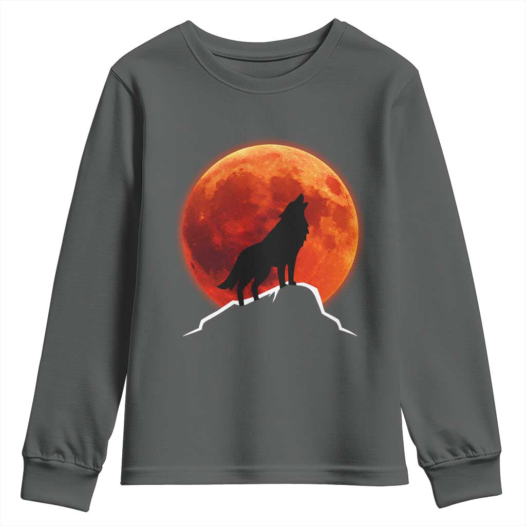 Howling Wolf Crimson Blood Moon Youth Sweatshirt Mountain Wildlife Nature Graphic
