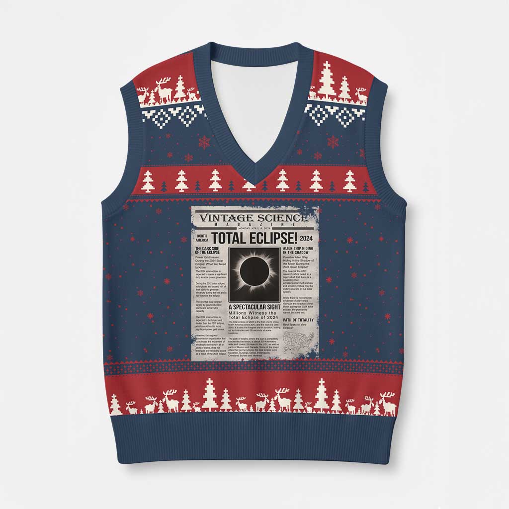 Retro Vintage Science Magazine Total Solar Eclipse 2024 V-Neck Knit Sweater Vest Historic Totality Astronomy Geek Memorabilia
