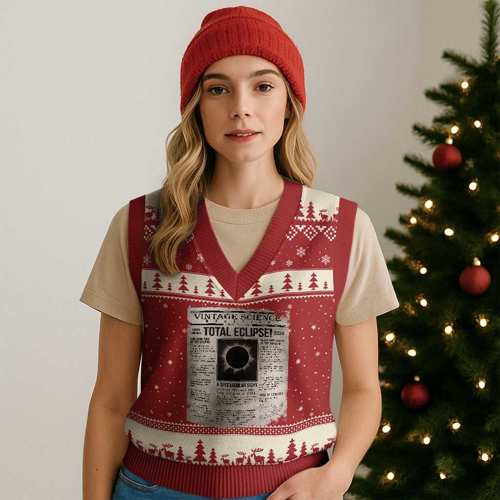 Retro Vintage Science Magazine Total Solar Eclipse 2024 V-Neck Knit Sweater Vest Historic Totality Astronomy Geek Memorabilia