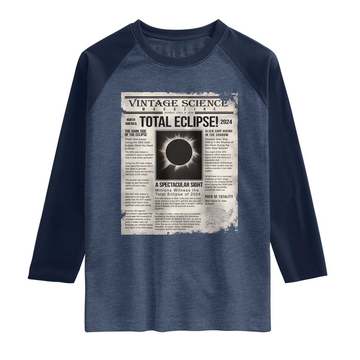 Retro Vintage Science Magazine Total Solar Eclipse 2024 Raglan Shirt Historic Totality Astronomy Geek Memorabilia