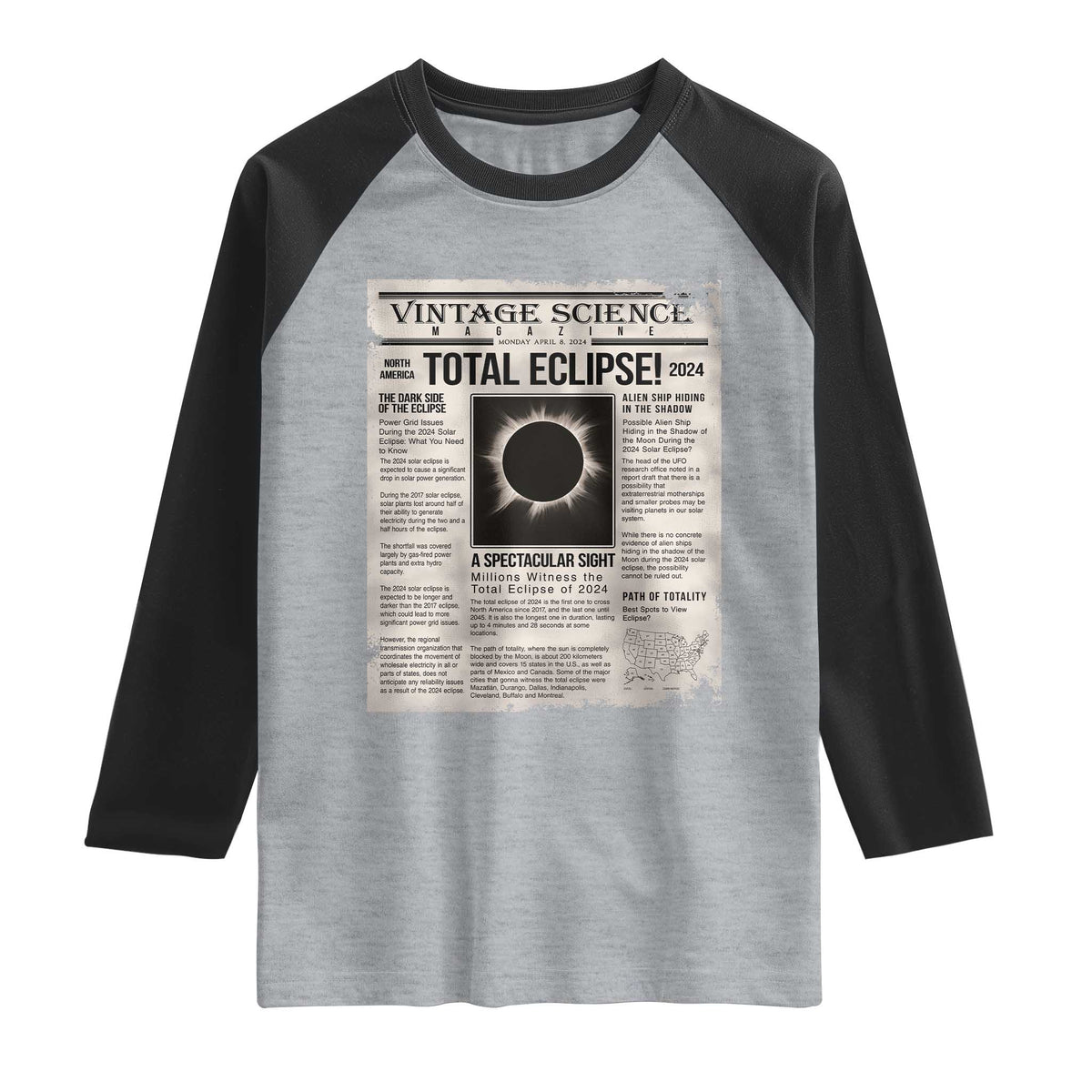 Retro Vintage Science Magazine Total Solar Eclipse 2024 Raglan Shirt Historic Totality Astronomy Geek Memorabilia