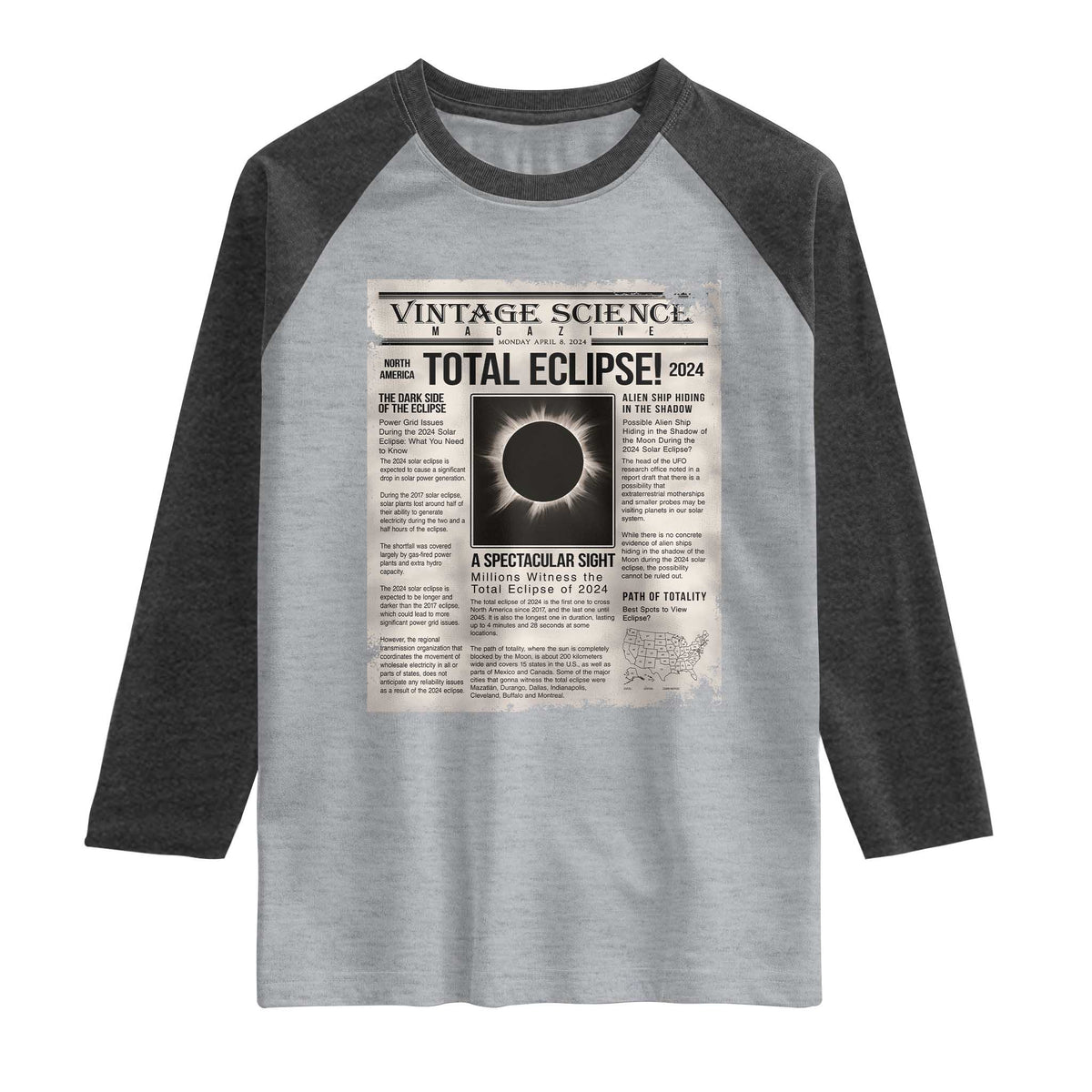 Retro Vintage Science Magazine Total Solar Eclipse 2024 Raglan Shirt Historic Totality Astronomy Geek Memorabilia