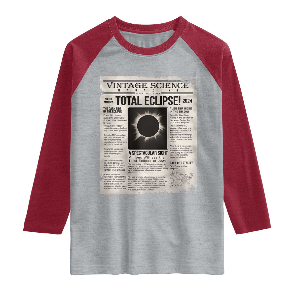 Retro Vintage Science Magazine Total Solar Eclipse 2024 Raglan Shirt Historic Totality Astronomy Geek Memorabilia