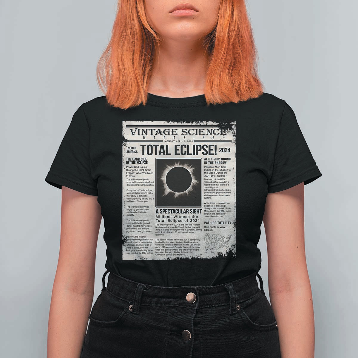 Retro Vintage Science Magazine Total Solar Eclipse 2024 T Shirt For Women Historic Totality Astronomy Geek Memorabilia