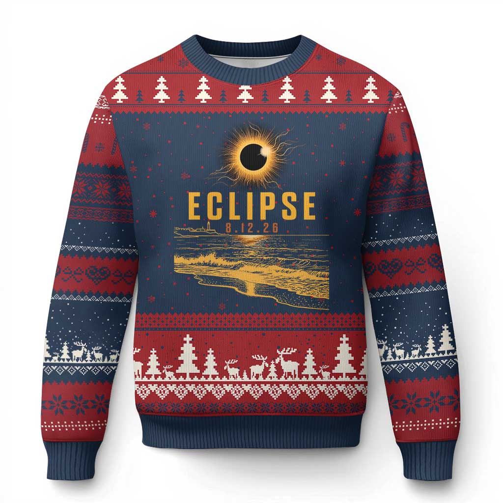 Total Solar Eclipse August 12 2026 Celestial Totality Ugly Christmas Sweater Ocean Beach View Astronomy Souvenir