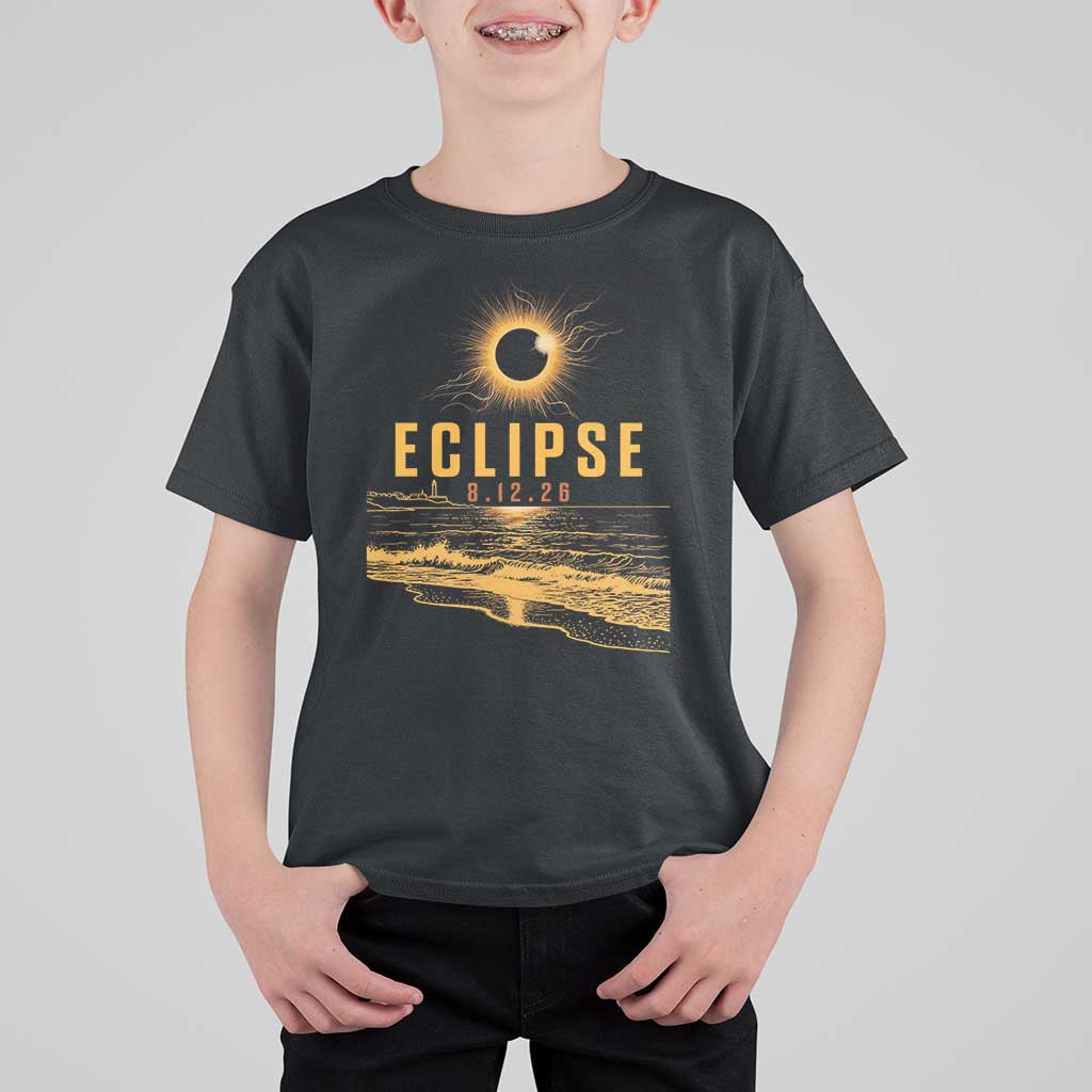 Total Solar Eclipse August 12 2026 Celestial Totality T Shirt For Kid Ocean Beach View Astronomy Souvenir