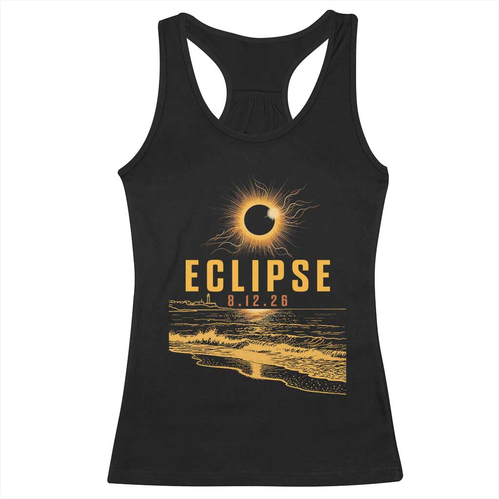 Total Solar Eclipse August 12 2026 Celestial Totality Racerback Tank Top Ocean Beach View Astronomy Souvenir