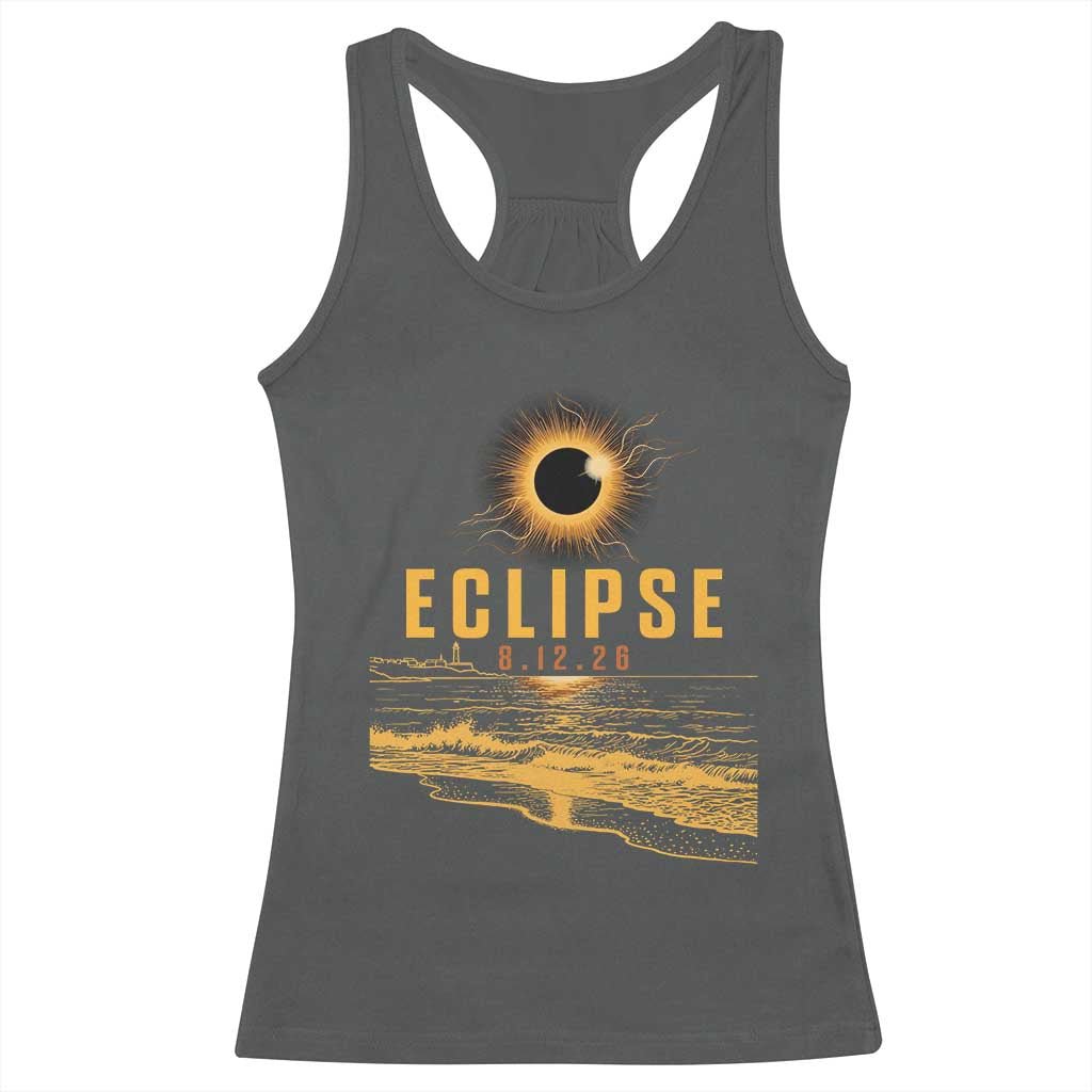 Total Solar Eclipse August 12 2026 Celestial Totality Racerback Tank Top Ocean Beach View Astronomy Souvenir