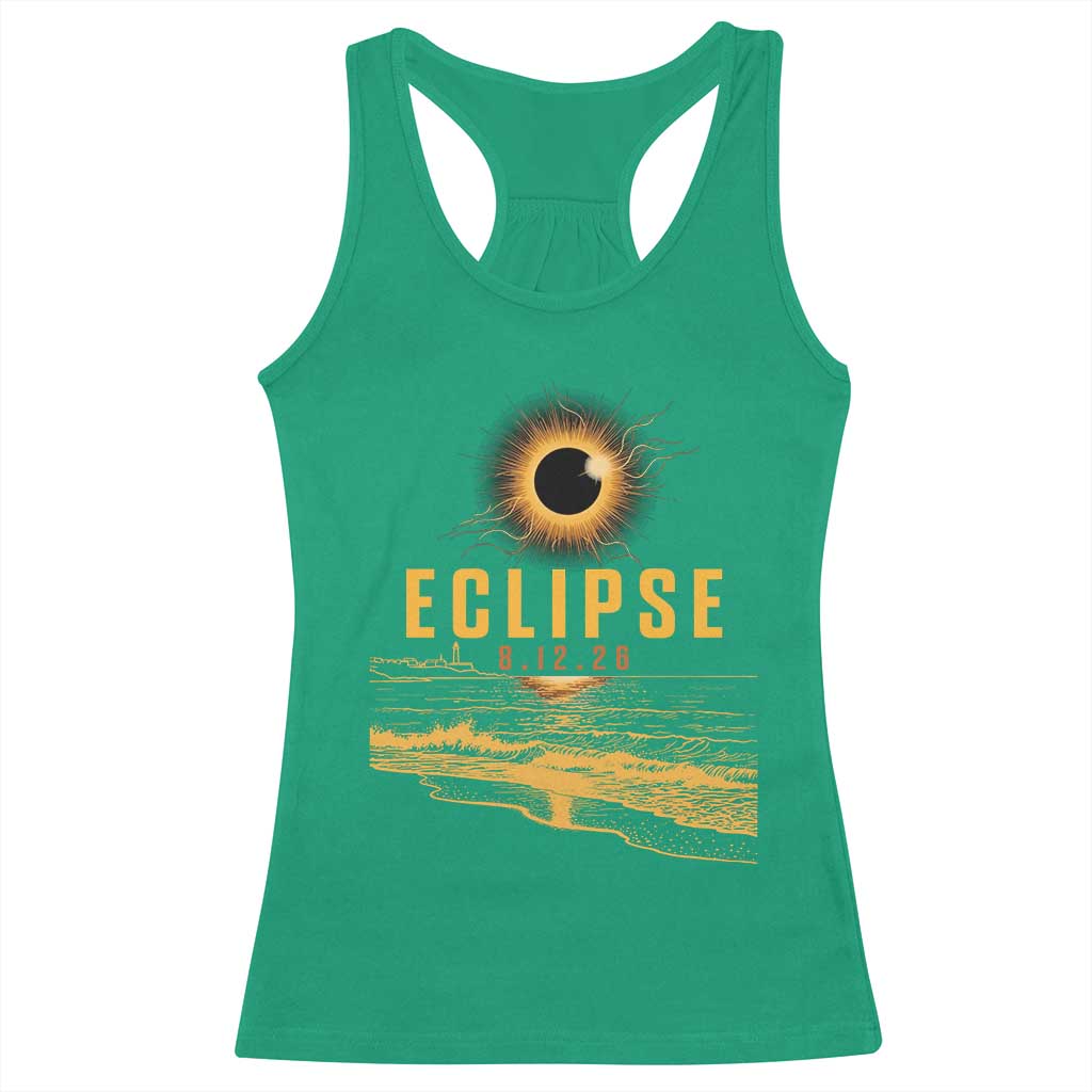 Total Solar Eclipse August 12 2026 Celestial Totality Racerback Tank Top Ocean Beach View Astronomy Souvenir