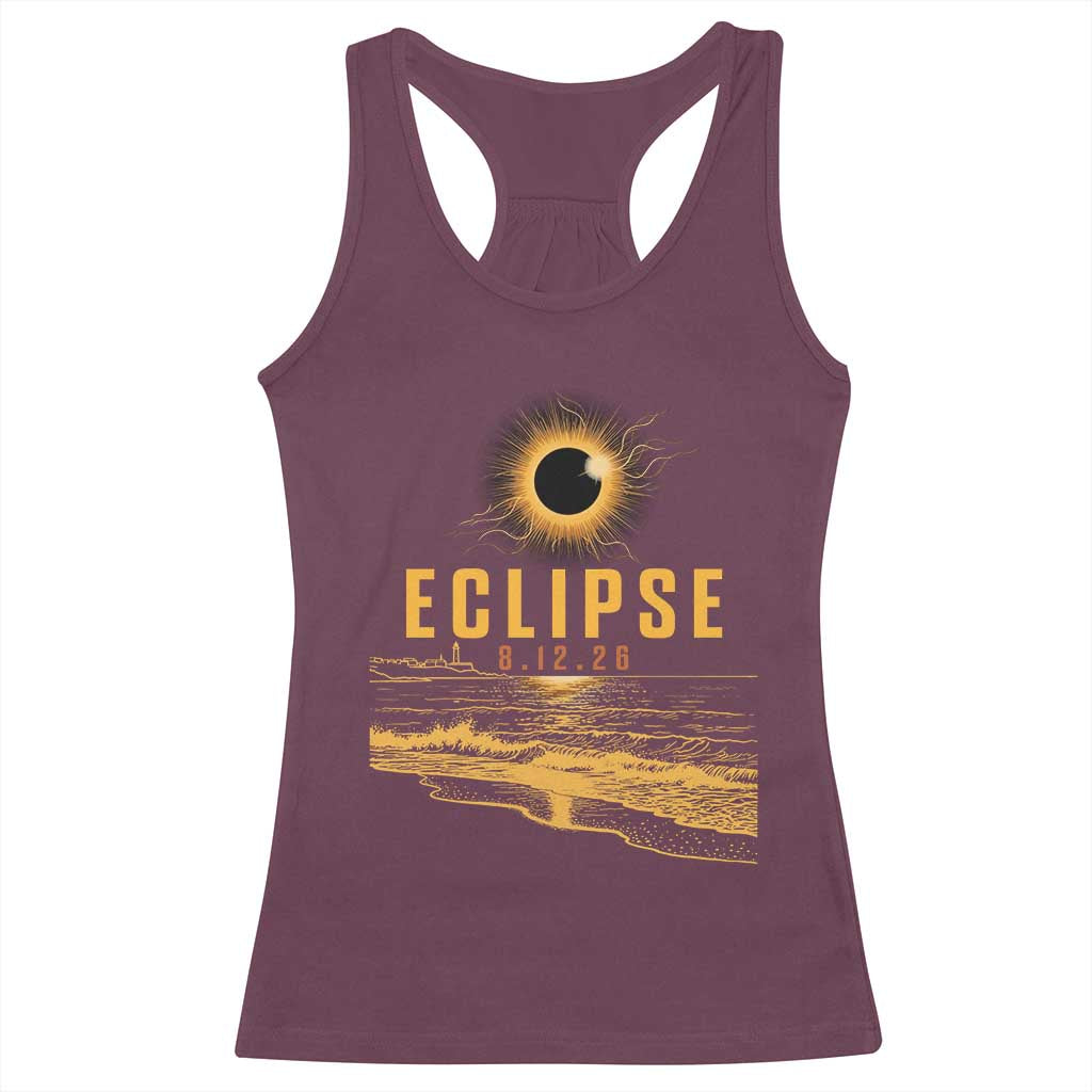 Total Solar Eclipse August 12 2026 Celestial Totality Racerback Tank Top Ocean Beach View Astronomy Souvenir