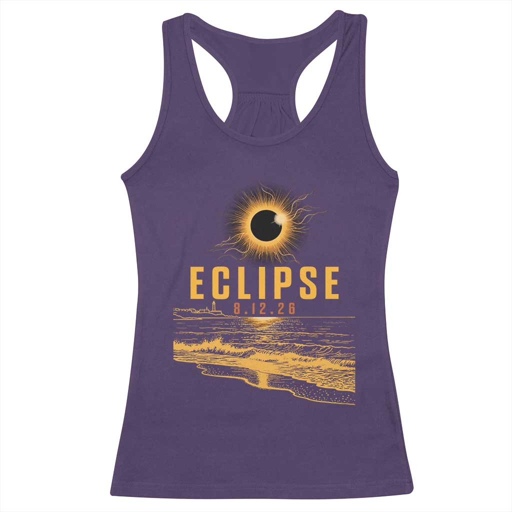 Total Solar Eclipse August 12 2026 Celestial Totality Racerback Tank Top Ocean Beach View Astronomy Souvenir