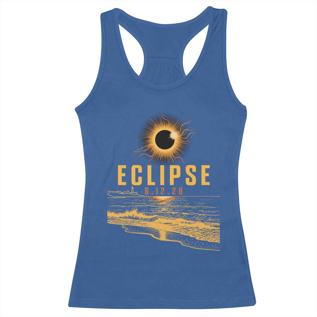 Total Solar Eclipse August 12 2026 Celestial Totality Racerback Tank Top Ocean Beach View Astronomy Souvenir