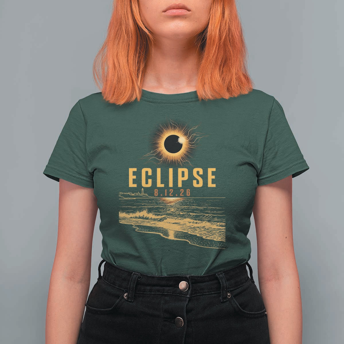 Total Solar Eclipse August 12 2026 Celestial Totality T Shirt For Women Ocean Beach View Astronomy Souvenir