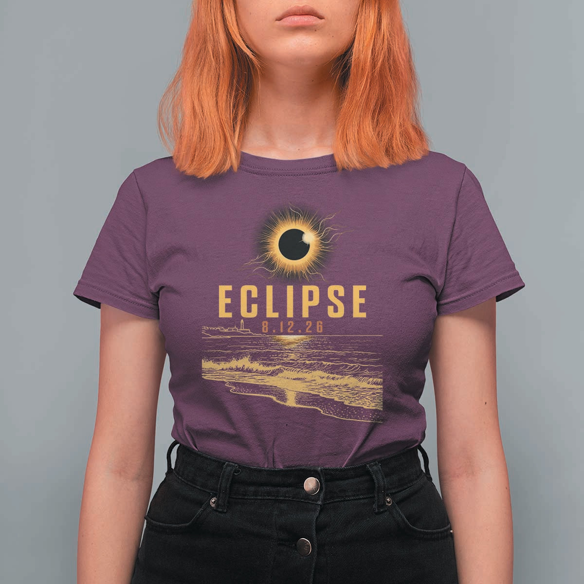 Total Solar Eclipse August 12 2026 Celestial Totality T Shirt For Women Ocean Beach View Astronomy Souvenir