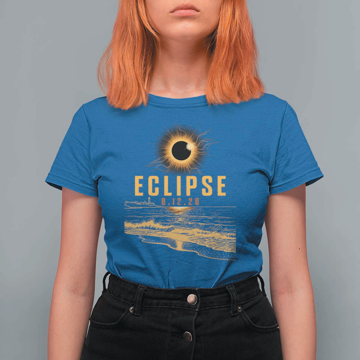 Total Solar Eclipse August 12 2026 Celestial Totality T Shirt For Women Ocean Beach View Astronomy Souvenir