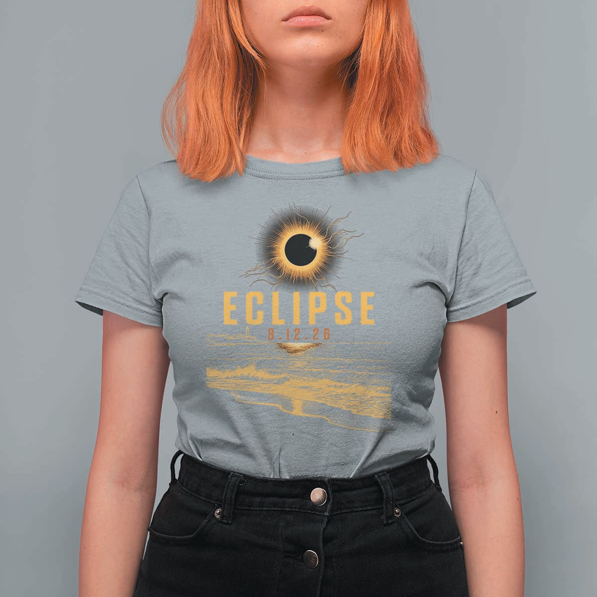 Total Solar Eclipse August 12 2026 Celestial Totality T Shirt For Women Ocean Beach View Astronomy Souvenir