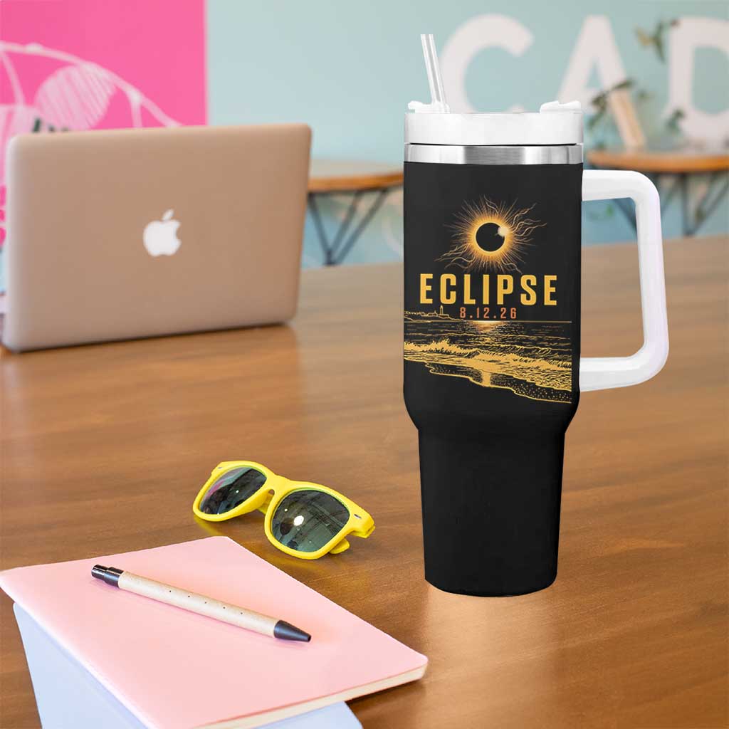 Total Solar Eclipse August 12 2026 Celestial Totality Tumbler With Handle Ocean Beach View Astronomy Souvenir