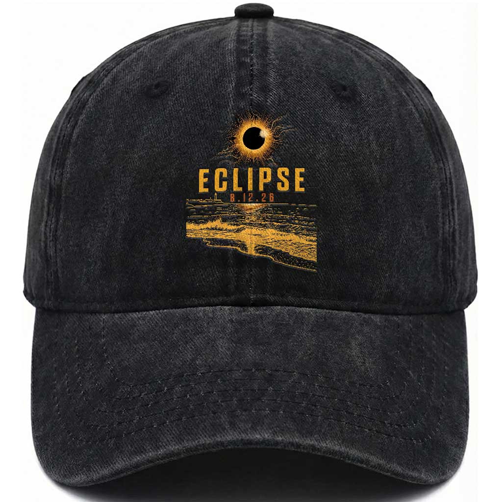 Total Solar Eclipse August 12 2026 Celestial Totality Washed Cotton Baseball Cap Ocean Beach View Astronomy Souvenir