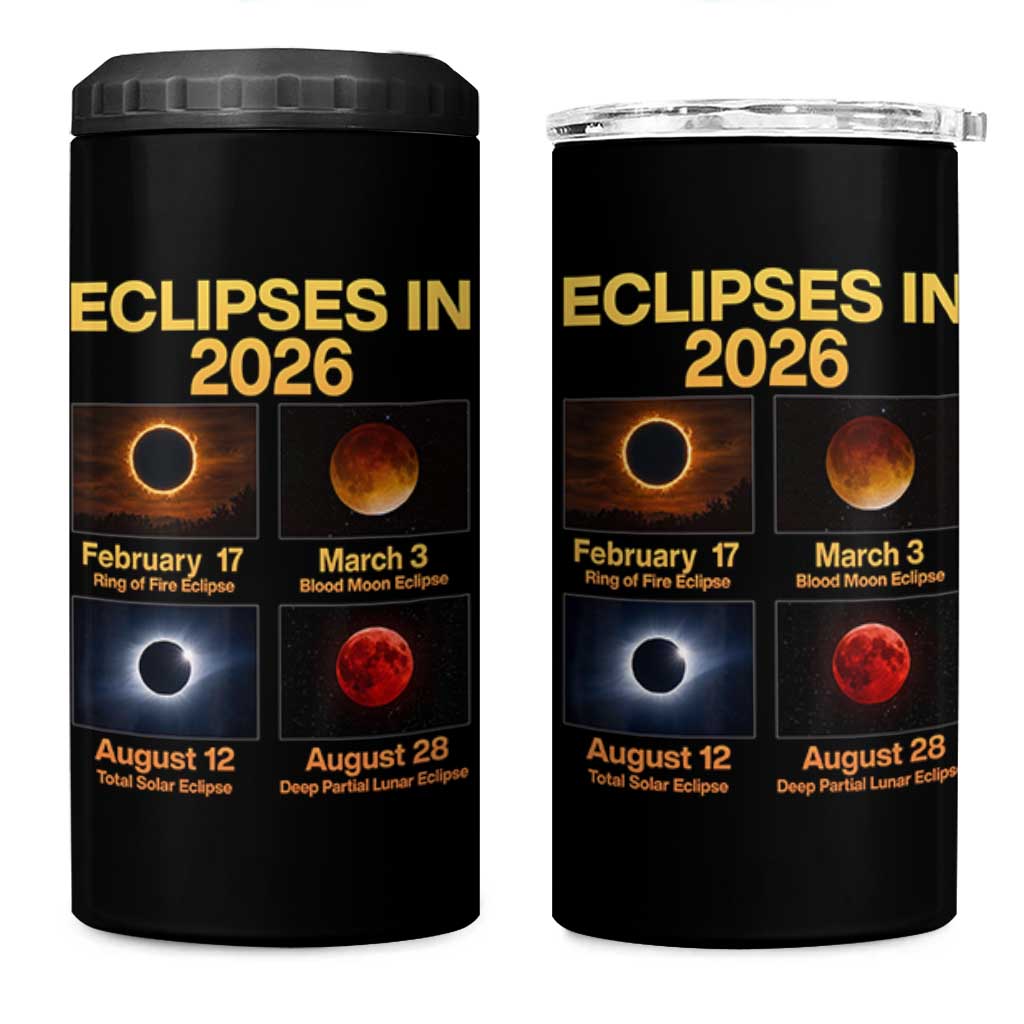 Eclipses in 2026 Celestial Calendar Infographic 4 in 1 Can Cooler Tumbler Space Nerd Astronomy Gift Astrology Lover