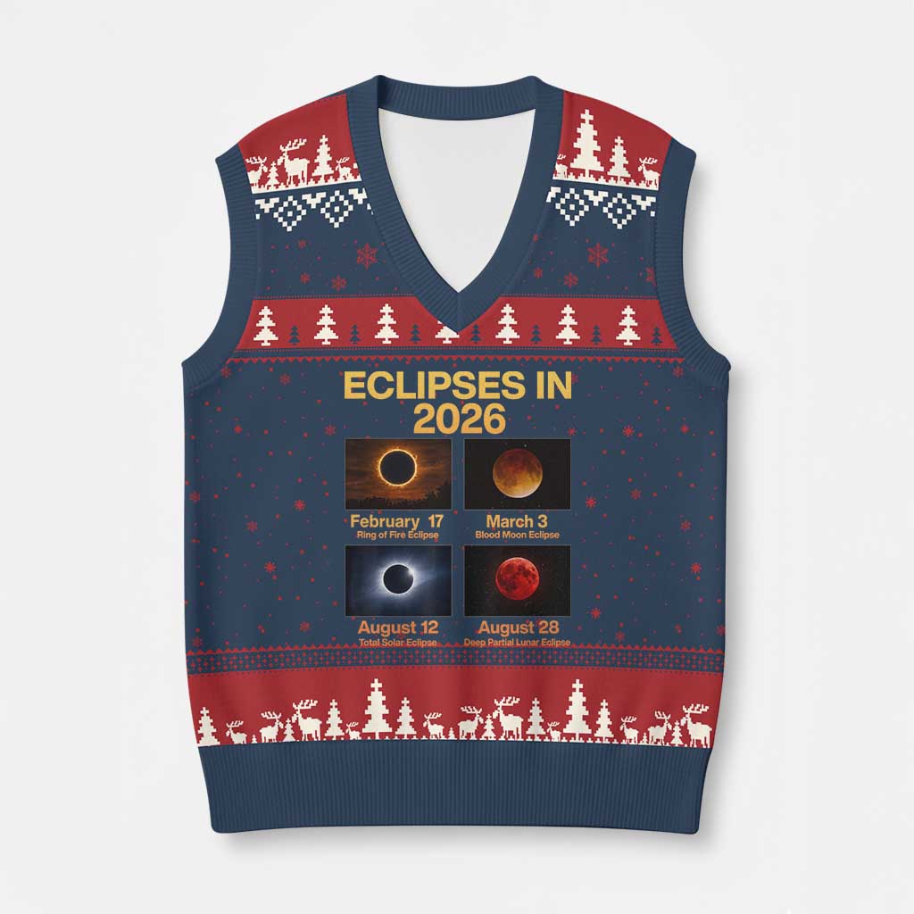 Eclipses in 2026 Celestial Calendar Infographic V-Neck Knit Sweater Vest Space Nerd Astronomy Gift Astrology Lover