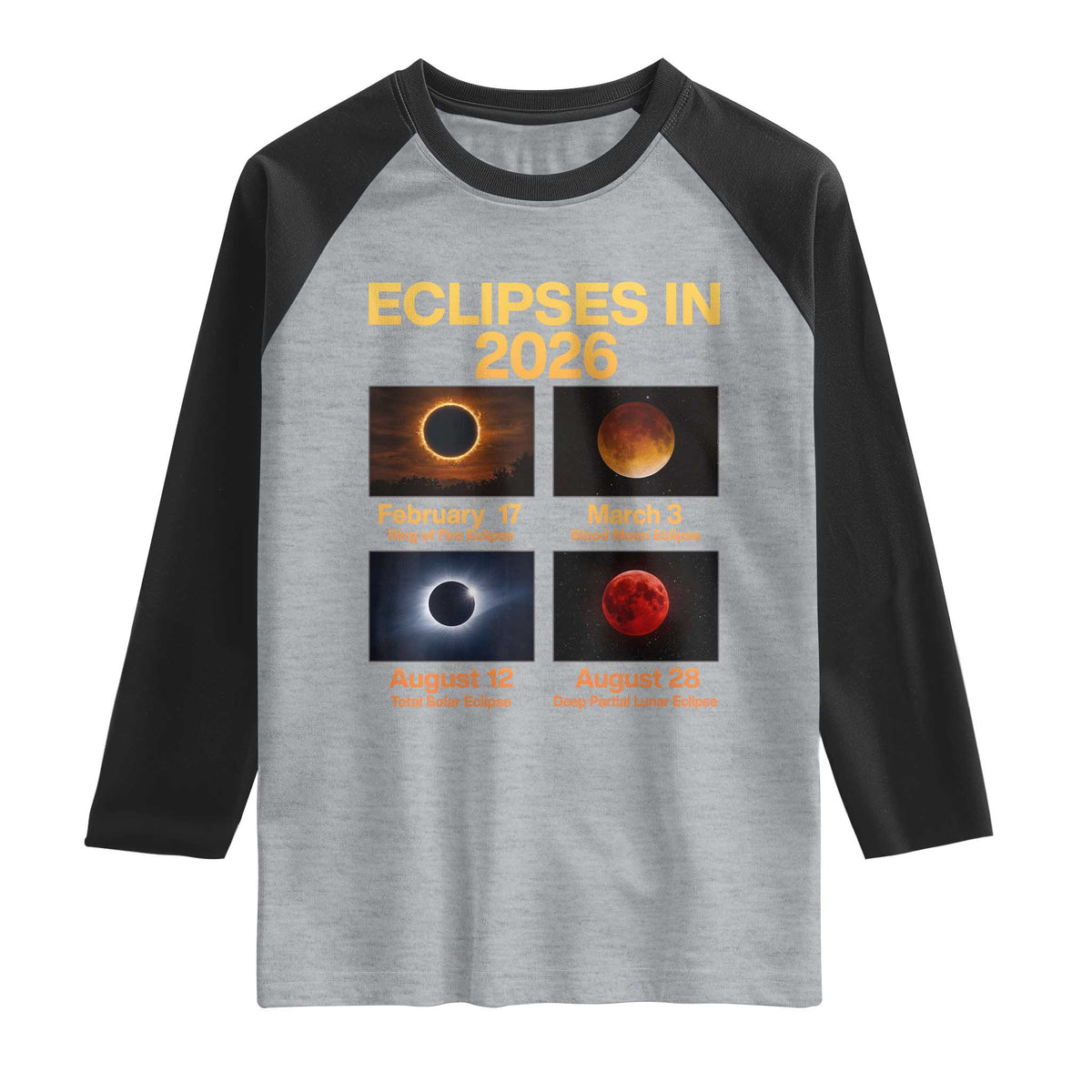 Eclipses in 2026 Celestial Calendar Infographic Raglan Shirt Space Nerd Astronomy Gift Astrology Lover