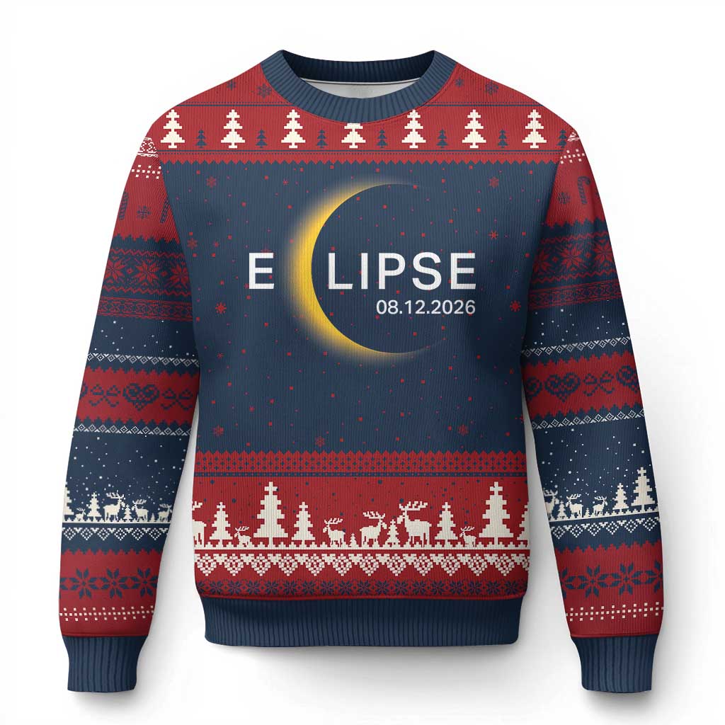 Minimalist 2026 Total Solar Eclipse Ugly Christmas Sweater August 12 Totality Astronomy Souvenir