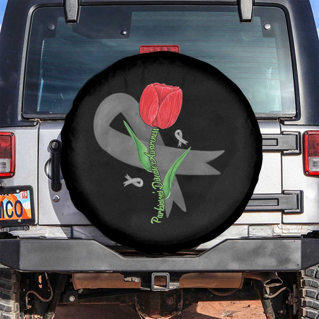 Parkinson's Awareness Spare Tire Cover Gray Ribbon Tulips Support Parkinsons Warrior