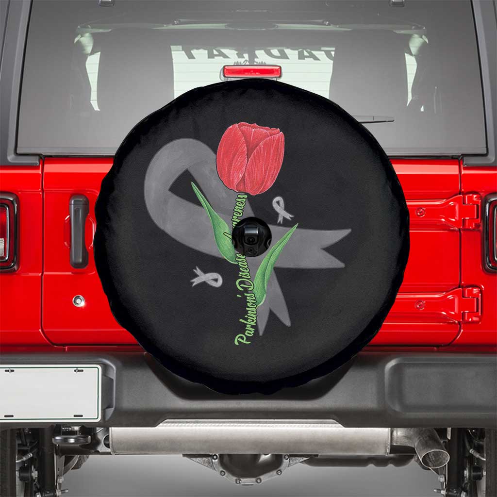 Parkinson's Awareness Spare Tire Cover Gray Ribbon Tulips Support Parkinsons Warrior