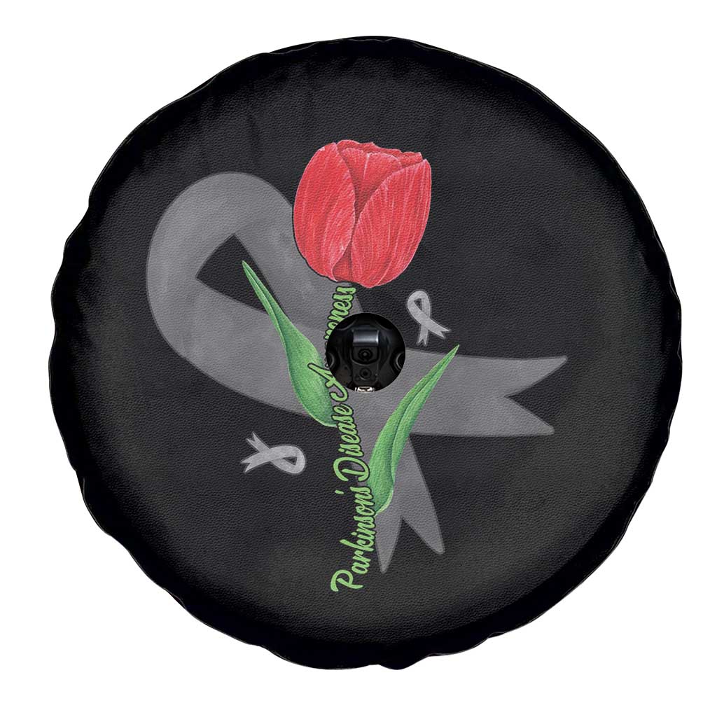 Parkinson's Awareness Spare Tire Cover Gray Ribbon Tulips Support Parkinsons Warrior