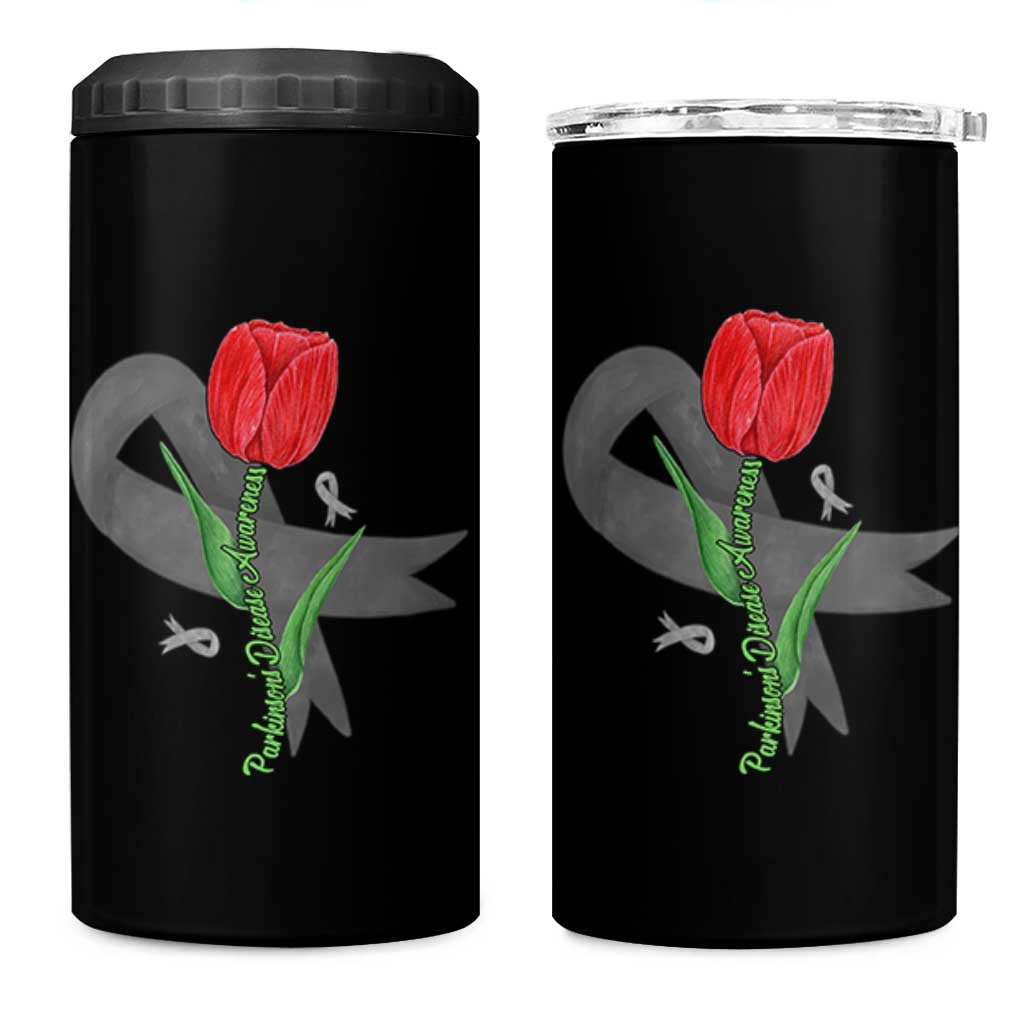 Parkinson's Awareness 4 in 1 Can Cooler Tumbler Gray Ribbon Tulips Support Parkinsons Warrior