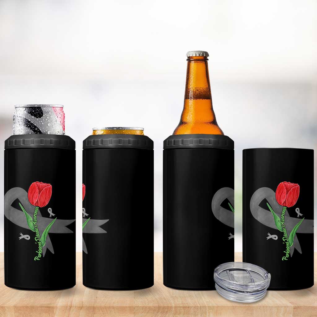 Parkinson's Awareness 4 in 1 Can Cooler Tumbler Gray Ribbon Tulips Support Parkinsons Warrior