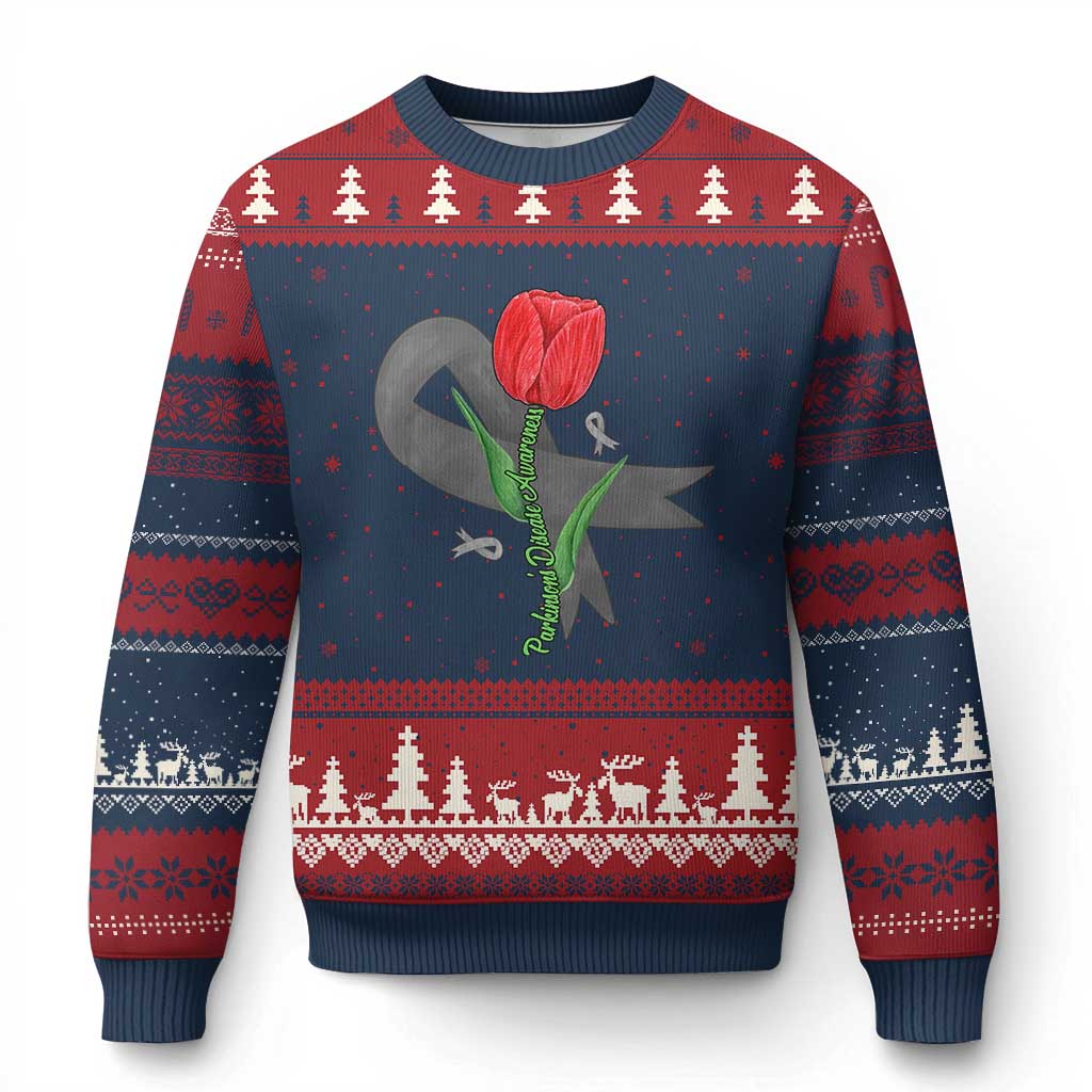 Parkinson's Awareness Ugly Christmas Sweater Gray Ribbon Tulips Support Parkinsons Warrior - Wonder Print Shop