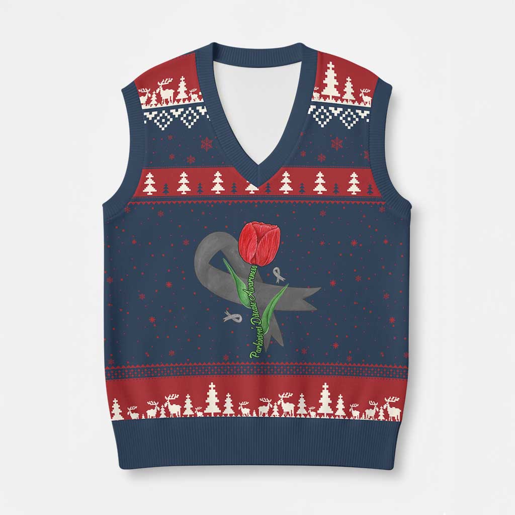 Parkinson's Awareness V-Neck Knit Sweater Vest Gray Ribbon Tulips Support Parkinsons Warrior - Wonder Print Shop