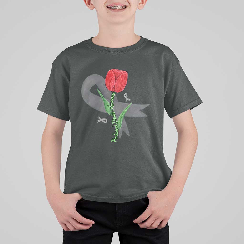Parkinson's Awareness T Shirt For Kid Gray Ribbon Tulips Support Parkinsons Warrior