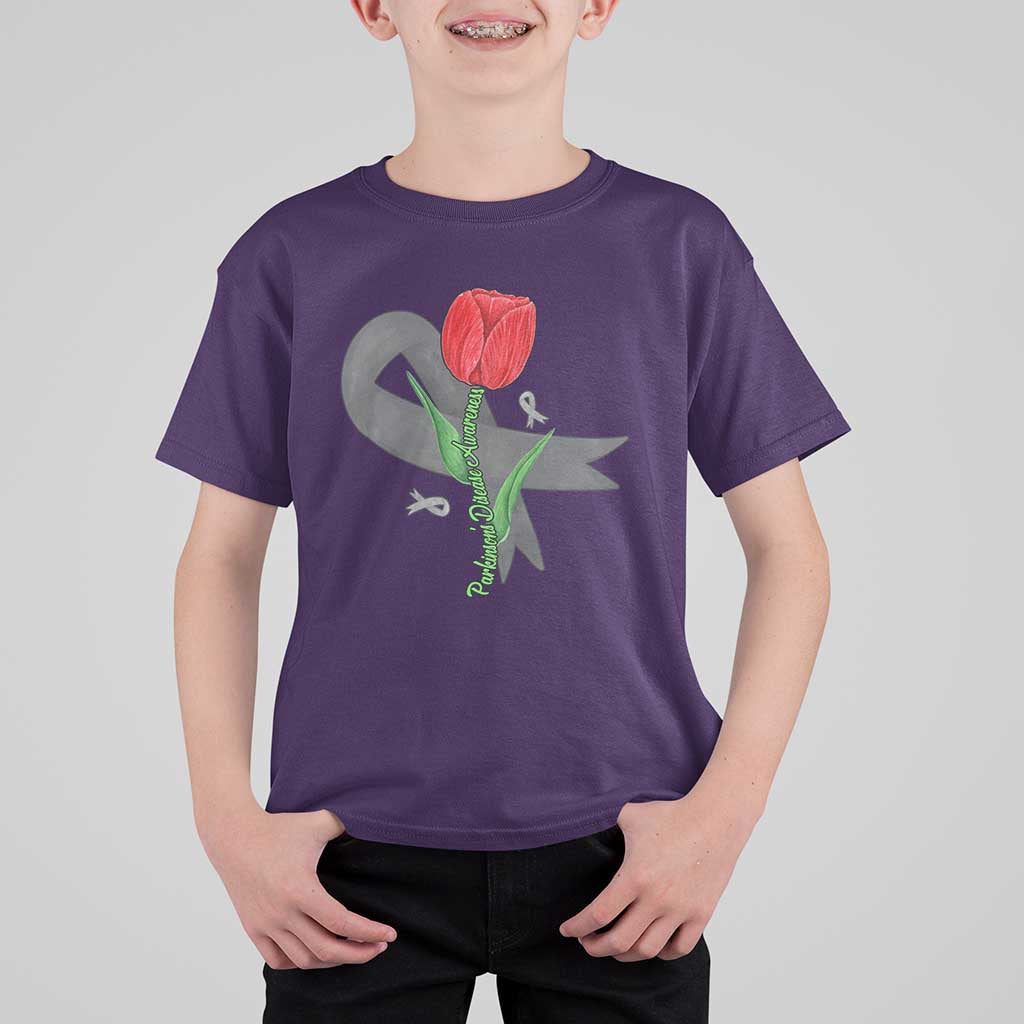 Parkinson's Awareness T Shirt For Kid Gray Ribbon Tulips Support Parkinsons Warrior