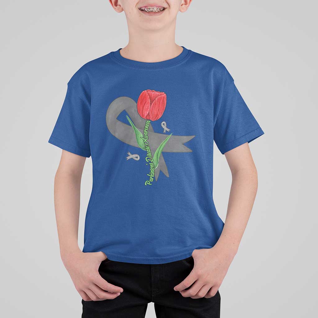 Parkinson's Awareness T Shirt For Kid Gray Ribbon Tulips Support Parkinsons Warrior