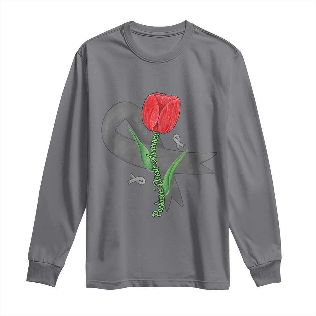 Parkinson's Awareness Long Sleeve Shirt Gray Ribbon Tulips Support Parkinsons Warrior