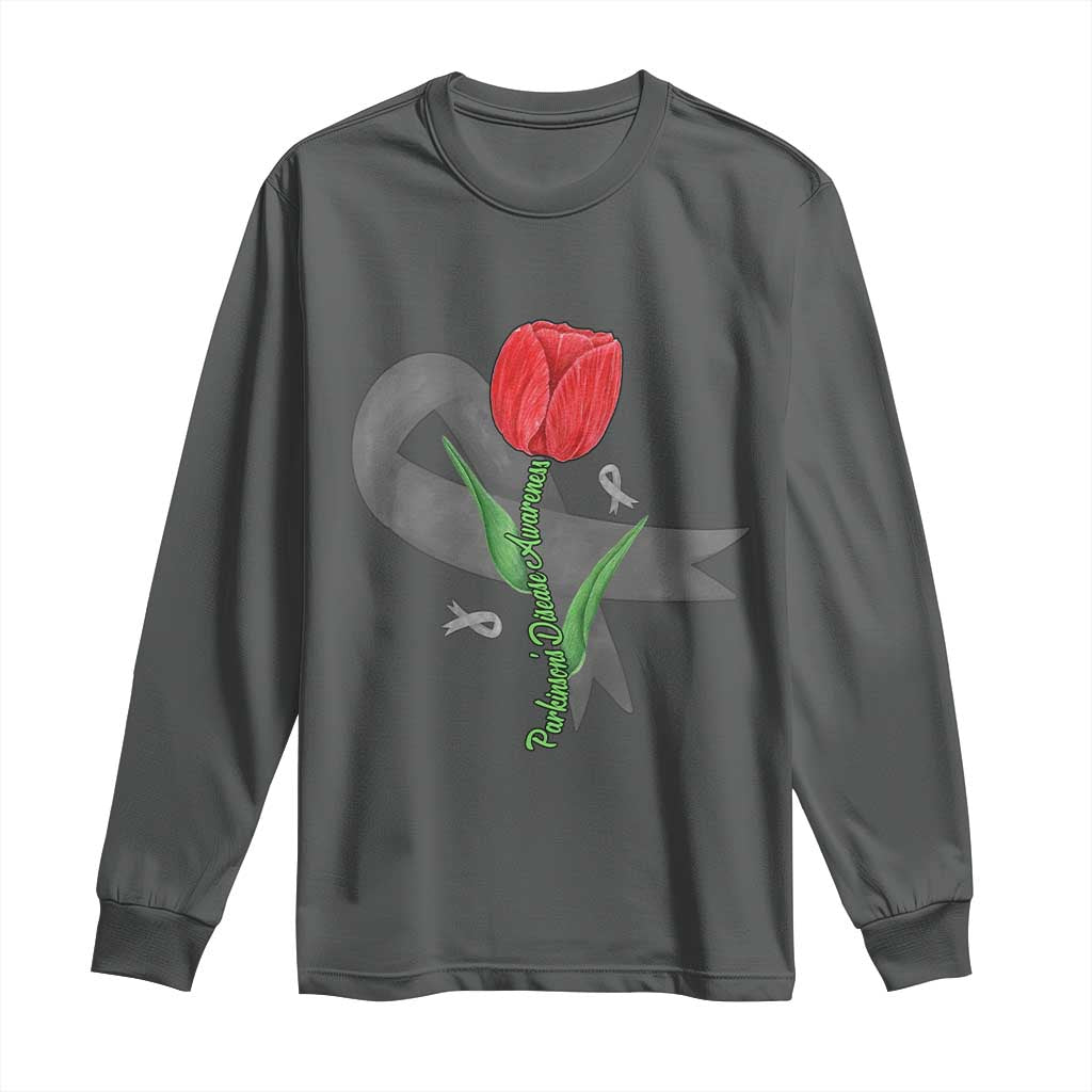 Parkinson's Awareness Long Sleeve Shirt Gray Ribbon Tulips Support Parkinsons Warrior