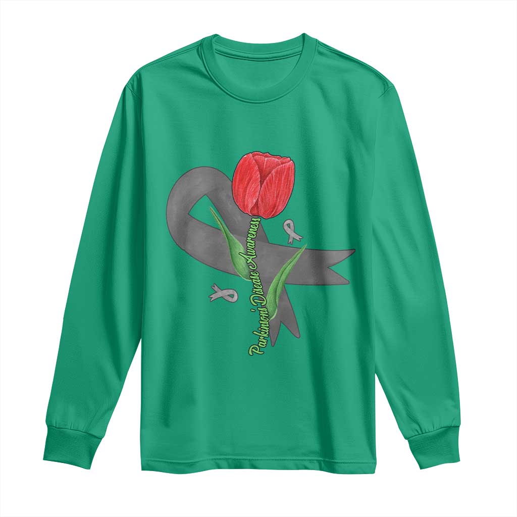 Parkinson's Awareness Long Sleeve Shirt Gray Ribbon Tulips Support Parkinsons Warrior