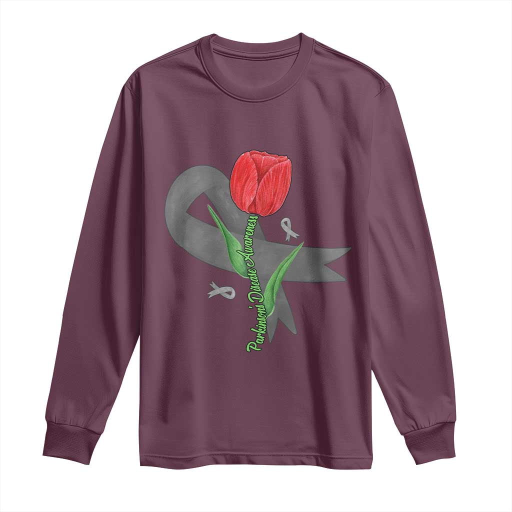 Parkinson's Awareness Long Sleeve Shirt Gray Ribbon Tulips Support Parkinsons Warrior