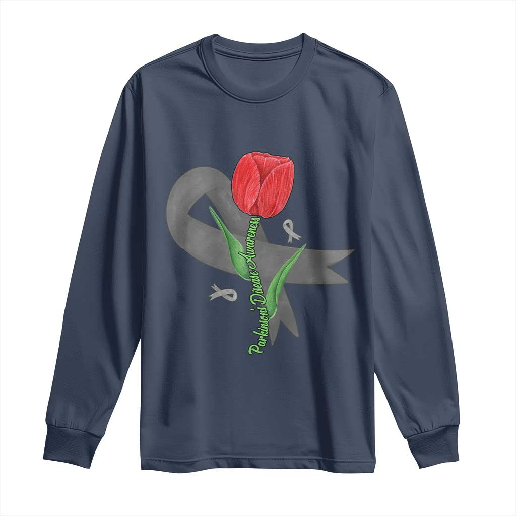 Parkinson's Awareness Long Sleeve Shirt Gray Ribbon Tulips Support Parkinsons Warrior