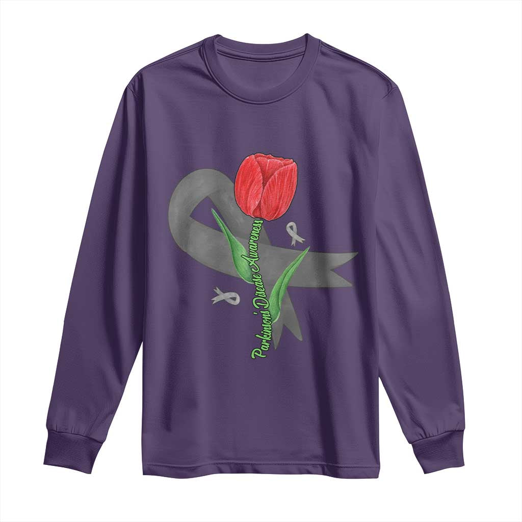 Parkinson's Awareness Long Sleeve Shirt Gray Ribbon Tulips Support Parkinsons Warrior