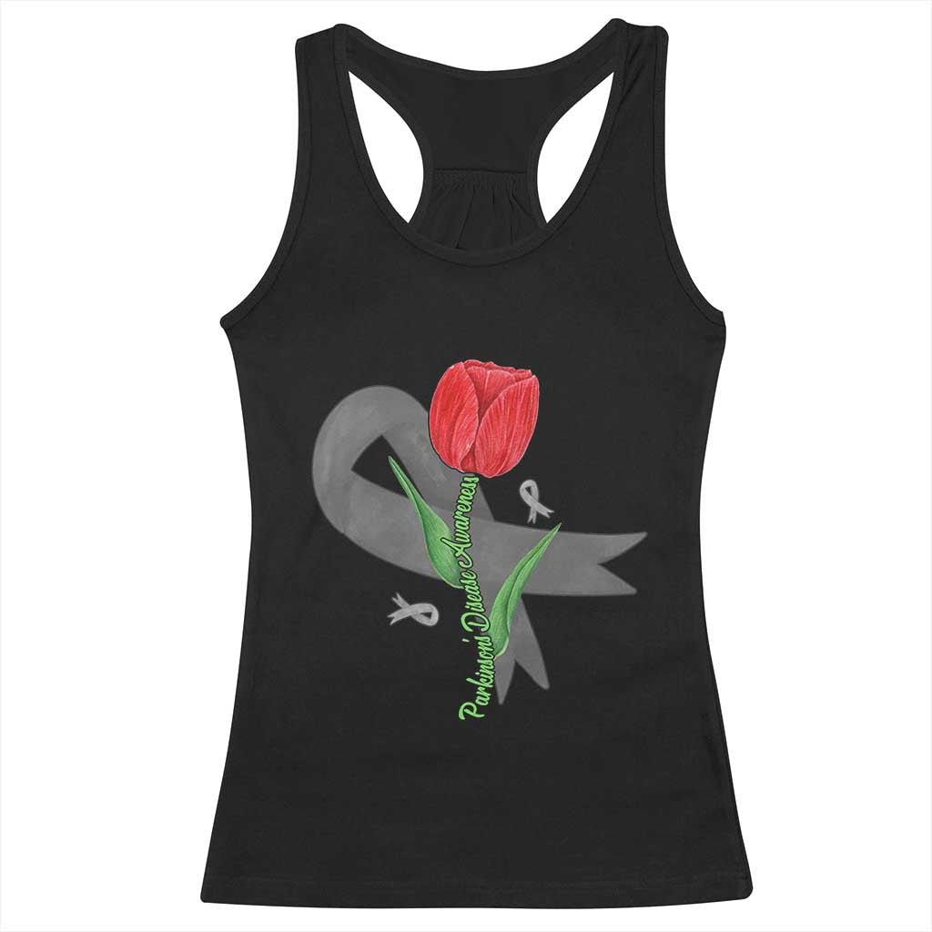 Parkinson's Awareness Racerback Tank Top Gray Ribbon Tulips Support Parkinsons Warrior