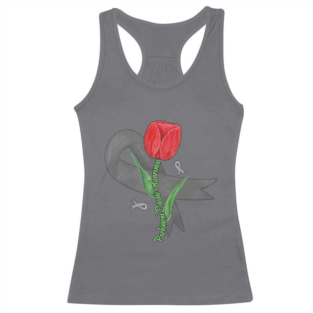 Parkinson's Awareness Racerback Tank Top Gray Ribbon Tulips Support Parkinsons Warrior
