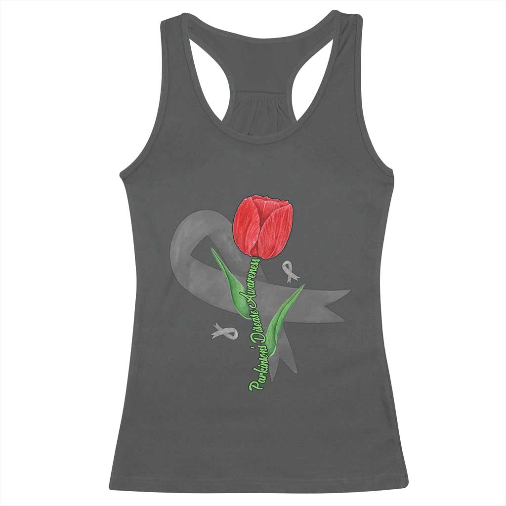 Parkinson's Awareness Racerback Tank Top Gray Ribbon Tulips Support Parkinsons Warrior