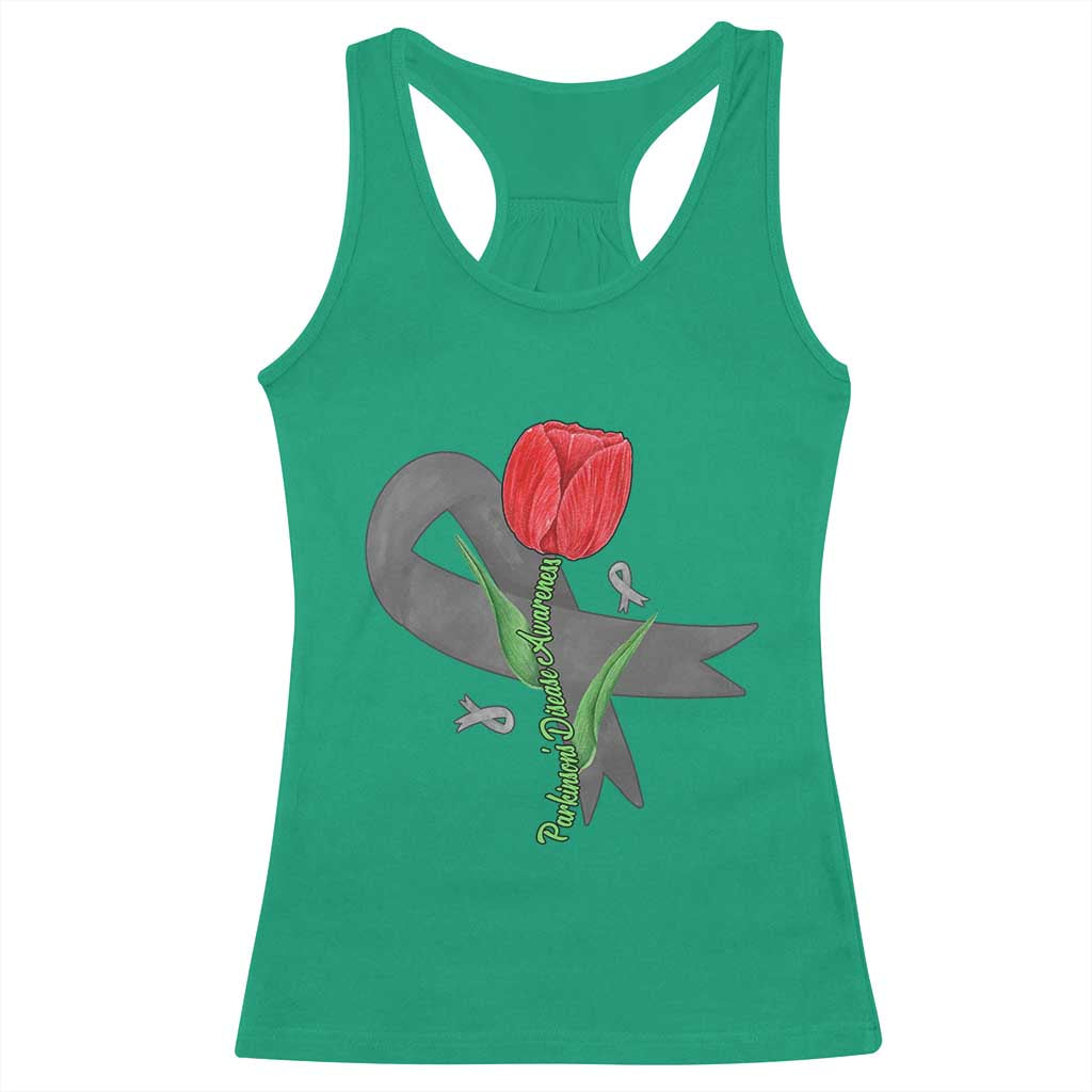Parkinson's Awareness Racerback Tank Top Gray Ribbon Tulips Support Parkinsons Warrior