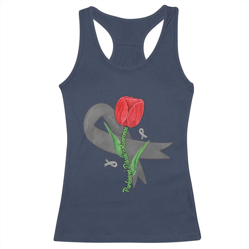Parkinson's Awareness Racerback Tank Top Gray Ribbon Tulips Support Parkinsons Warrior