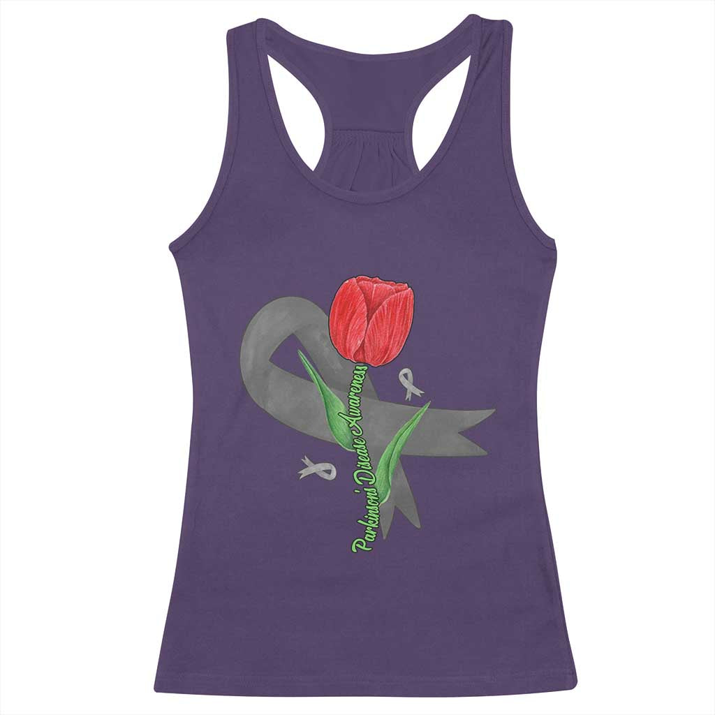 Parkinson's Awareness Racerback Tank Top Gray Ribbon Tulips Support Parkinsons Warrior